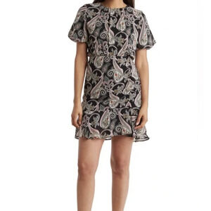 Sam Edelman Black Floral Paisley Print Puff Sleeve Ruched Dress Size 12 Sheath
